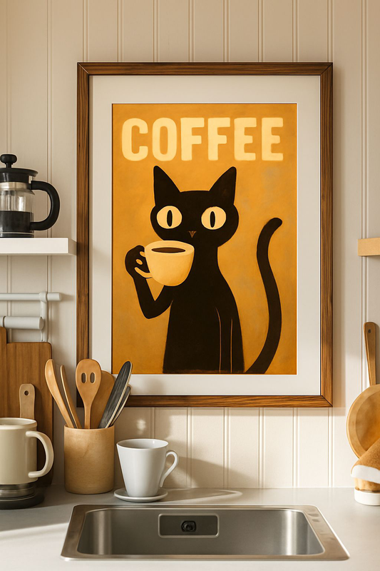 Coffee Cat Wall Art – Retro Black Cat Coffee Poster | Digital Download