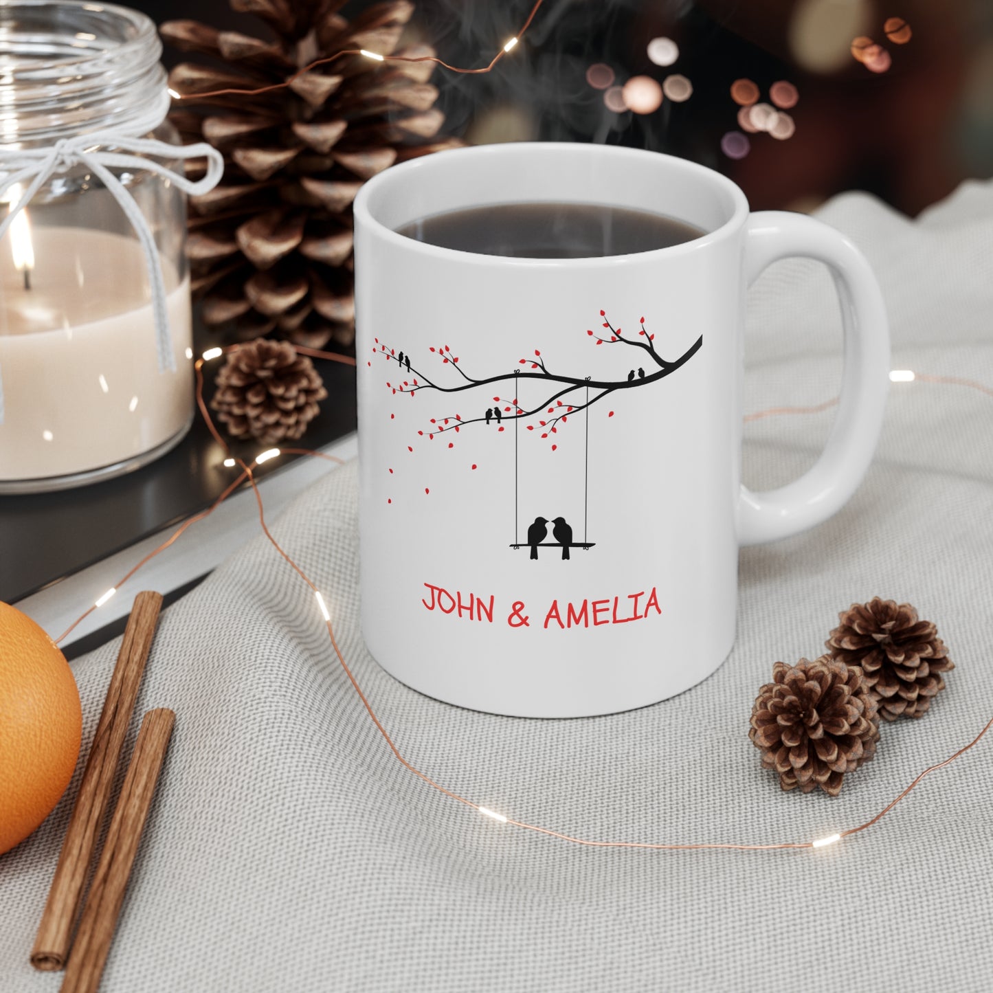 Custom Love Birds Mug – Add Your Names, Perfect Couples Gift (11oz)