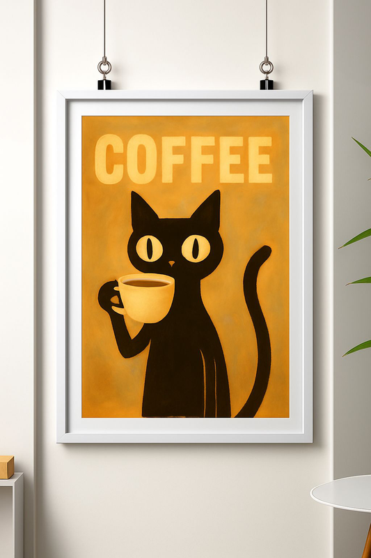 Coffee Cat Wall Art – Retro Black Cat Coffee Poster | Digital Download